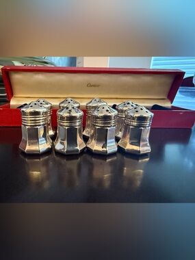 Cartier Vintage Sterling Silver Octagonal Salt and Pepper in  Red Box